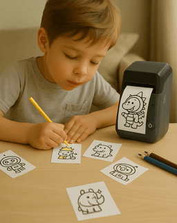 Kid drawing a sticker with the Sticker Dream printer